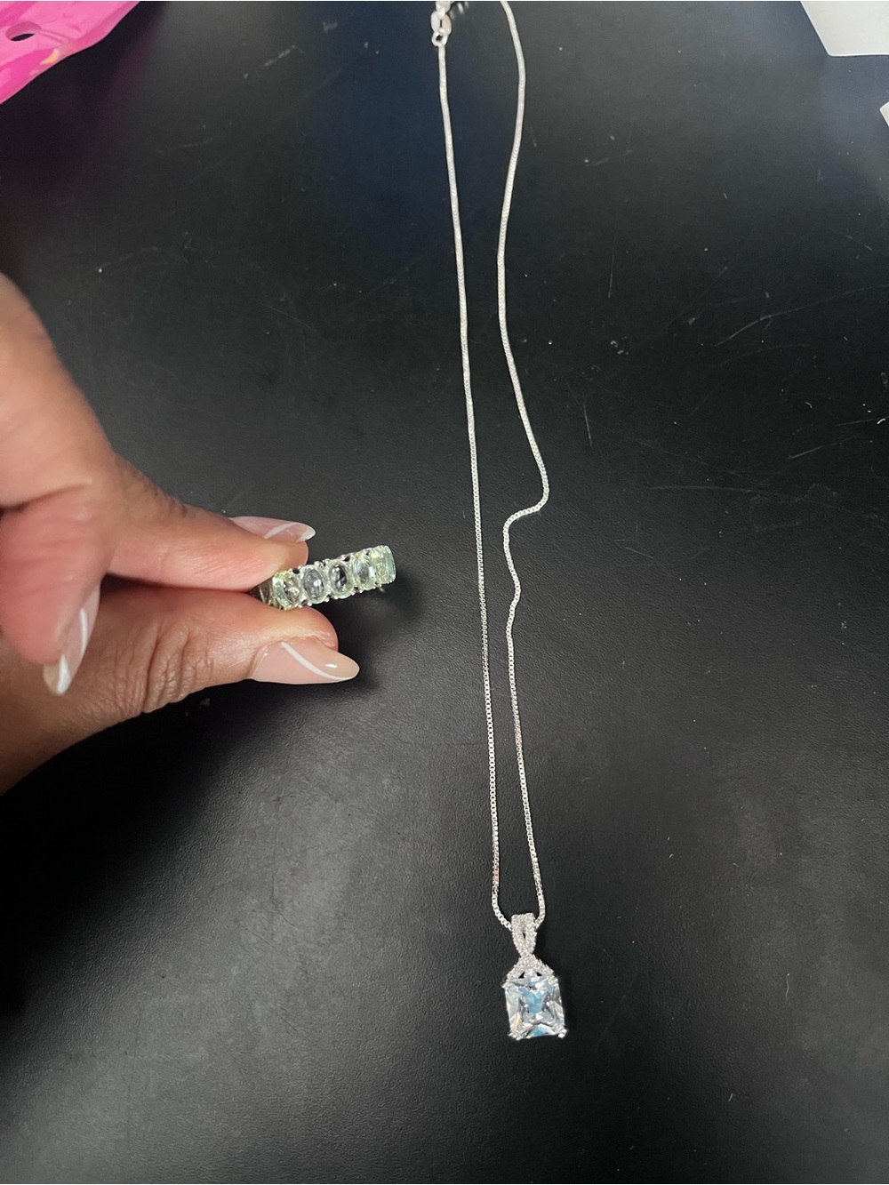 Aquamarine  CZ pendant new ring adjustable silver blue necklace jewelry rare - Picture 3 of 3